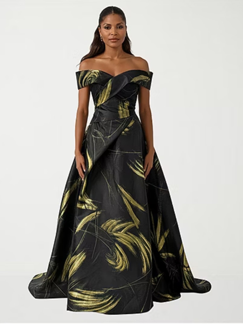 NWT Rene Ruiz Collection Black Gold Brocade Off the Shoulder Gown Size 16